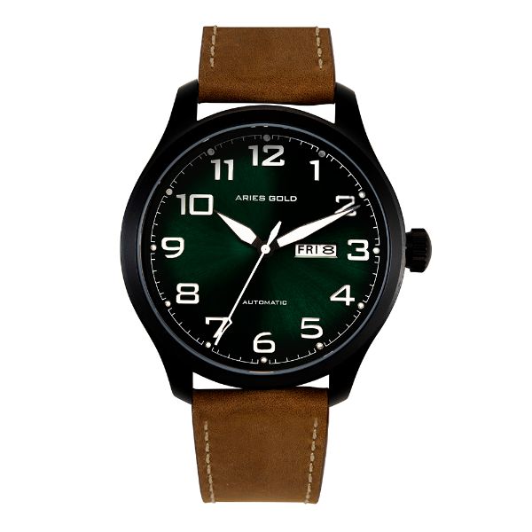 ARIES GOLD AUTOMATIC ESCALATE BLACK STAINLESS STEEL G 9017 BK-GN NUDE LEATHER STRAP MEN'S WATCH